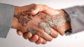 Business people shaking hands with world map on background photo