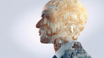 A man's head is covered with money and coins photo