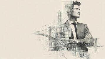 A man in a suit and tie standing in front of a city skyline photo