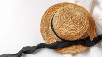 A straw hat with a black ribbon on top photo