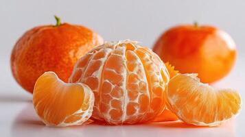 A group of oranges on a white surface photo