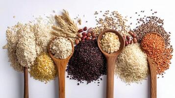 Variety of grains and seeds in wooden spoons photo