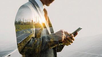 Man in suit holding smartphone in front of solar panels photo