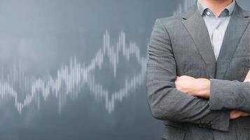 A man in a suit and tie is standing in front of a graph photo