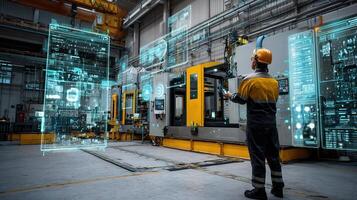 A man in a hardhat standing in front of a machine photo