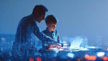 A man and a boy working on a laptop in front of a cityscape photo