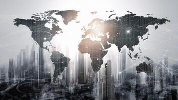 The world map is shown on a cityscape with a network connection photo