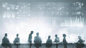 Business people in a meeting room with graphs and charts photo