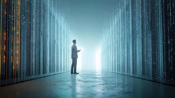 A man standing in a data center with a light shining on him photo