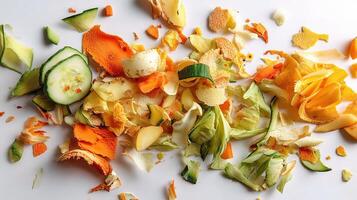A pile of chopped vegetables on a white surface photo