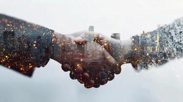 Business people shaking hands in front of cityscape photo