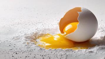 An egg is broken in half on a white surface photo