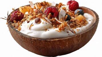 A bowl of yogurt with berries and granola photo