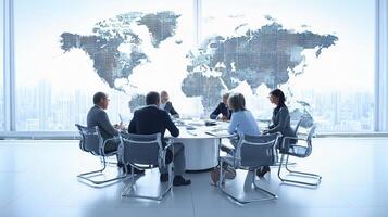 Business people sitting around a table with a world map on the wall photo