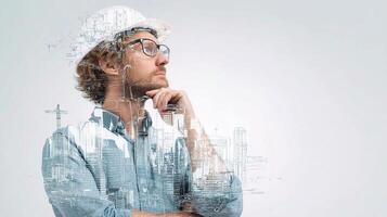 A man in a hard hat and glasses is looking up at the city skyline photo