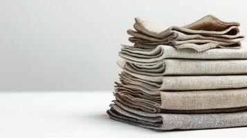 A stack of folded towels on a white table photo