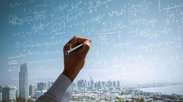 Hand writing on a whiteboard with formulas on the background of a city photo