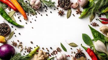 Various vegetables and spices arranged in a circle photo