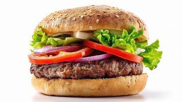 A hamburger with lettuce, tomato, onion, and cheese photo