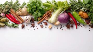 A group of vegetables and spices arranged on a white background photo