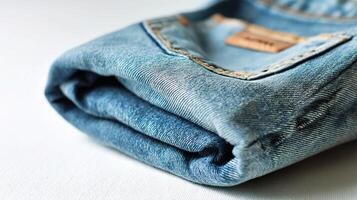 A folded pair of jeans on a white surface photo