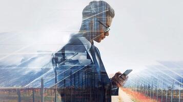 A man in a suit and glasses is looking at his phone photo