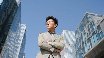 A young man in glasses standing in front of tall buildings photo