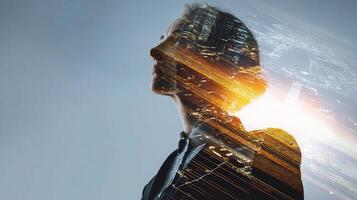 Double exposure of a woman with a city skyline in the background photo