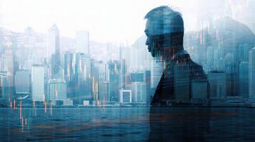A man standing in front of a city skyline with a stock market graph photo