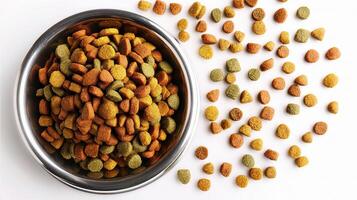 A bowl of dog food with a few pieces scattered around it photo