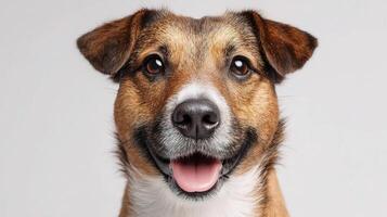 A dog is smiling and looking at the camera photo