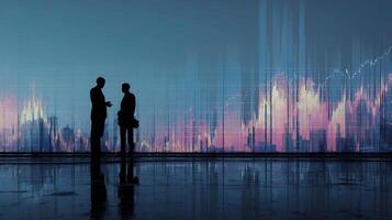 Two people standing in front of a stock chart photo