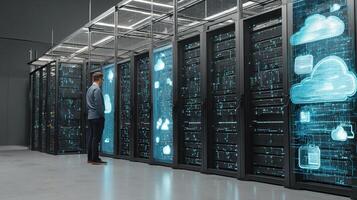 A man standing in front of a server room with clouds photo