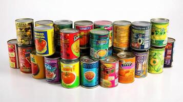 A group of canned food items arranged in a heart shape photo