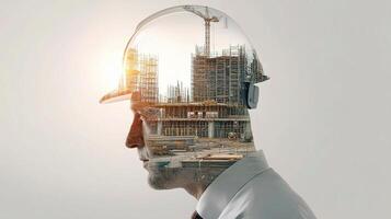 Double exposure of construction worker with a double exposure of a building and a construction worker with a double photo