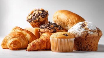 A variety of pastries and breads are arranged on a white surface photo