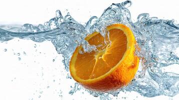 A slice of orange is being splashed with water photo