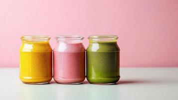 Three glass jars with different colored smoothies photo
