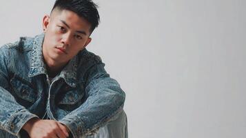 A young man in a denim jacket sitting on a chair photo