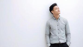 A man in a grey shirt leaning against a wall photo