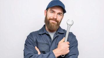 A bearded man in a blue hat holding a wrench photo