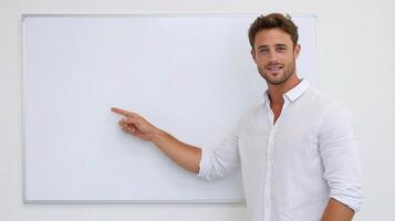 A man pointing at a whiteboard photo