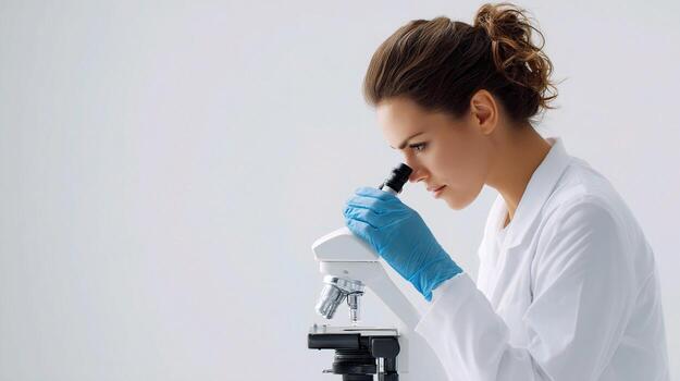 A woman in a lab coat looking through a microscope photo