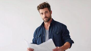 A man holding a blueprint while looking at it photo