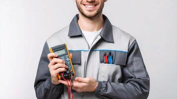 A man in a work uniform holding a multimeter photo