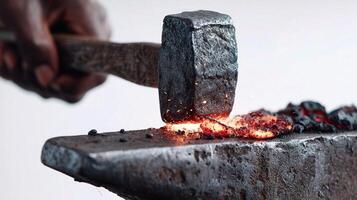 A person is hammering a piece of metal with a piece of wood photo