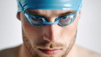 A man wearing a swimming cap and goggles photo