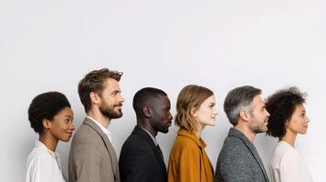 Group of people standing in line against a white wall photo
