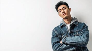 Asian man in denim jacket standing against white wall photo