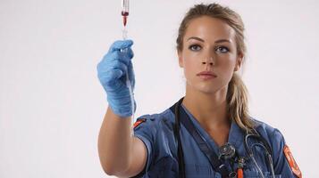 A nurse holding a syringe and a needle photo